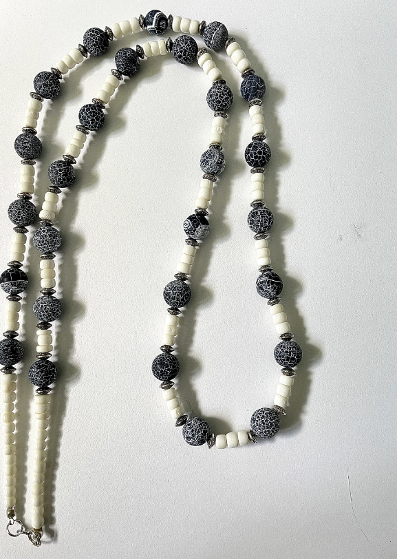Long Cracked Grey Agate and Bone Necklace
