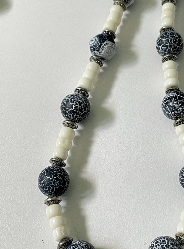Long Cracked Grey Agate and Bone Necklace