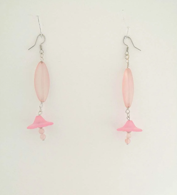 Long Drop Pink Flower Rose Quartz Earrings