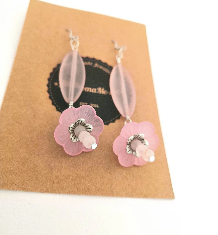 Long Drop Pink Flower Rose Quartz Earrings