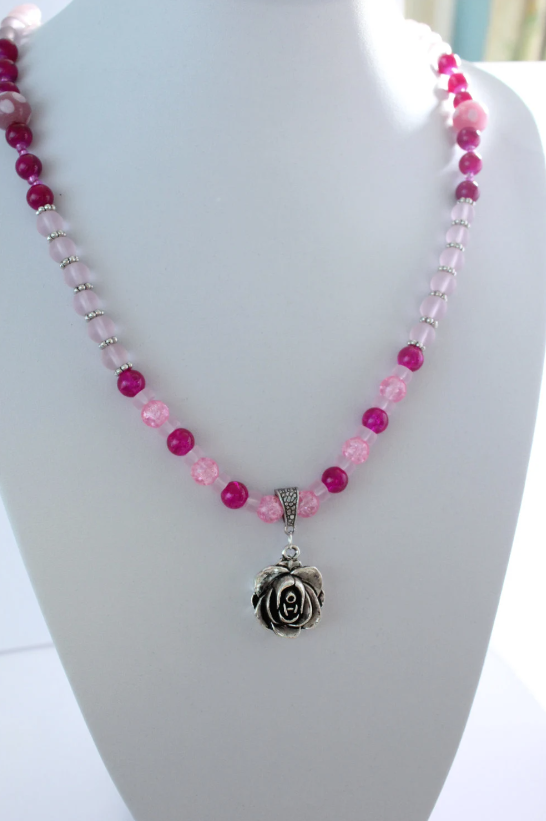 Long Pink Glass Rose Pendant Charm Necklace