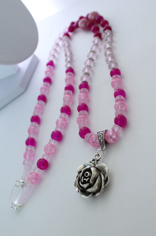 Long Pink Glass Rose Pendant Charm Necklace