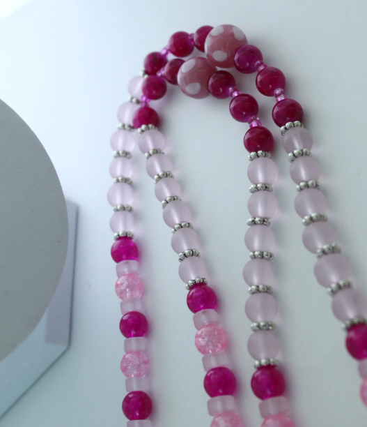 Long Pink Glass Rose Pendant Charm Necklace