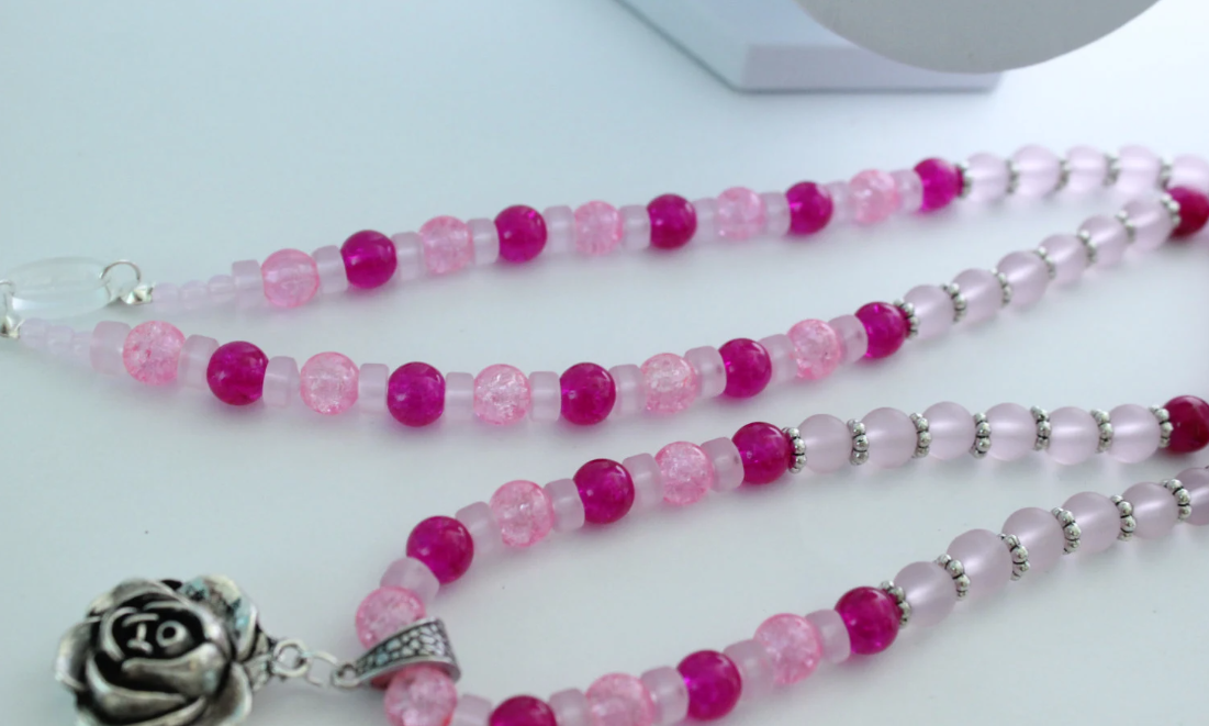 Long Pink Glass Rose Pendant Charm Necklace