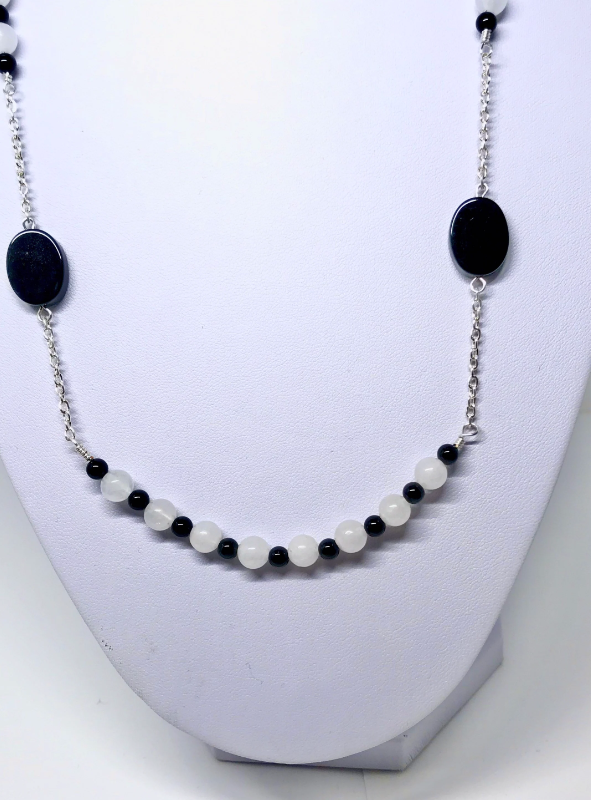 Long White Snow Quartz and Black Onyx Necklace