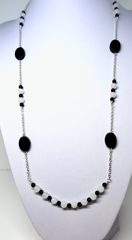 Long White Snow Quartz and Black Onyx Necklace