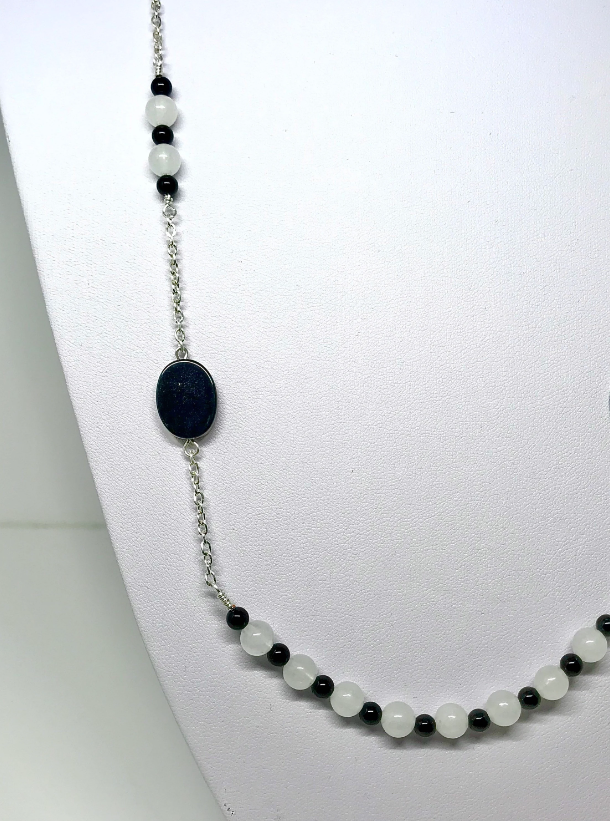 Long White Snow Quartz and Black Onyx Necklace