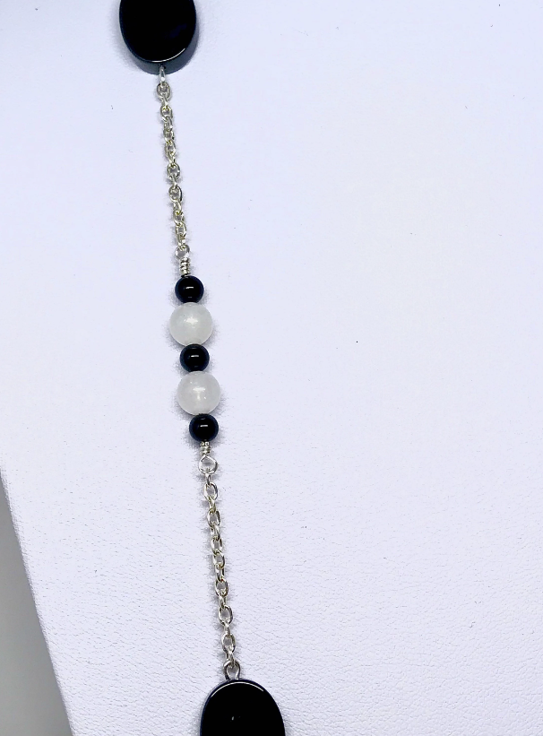 Long White Snow Quartz and Black Onyx Necklace