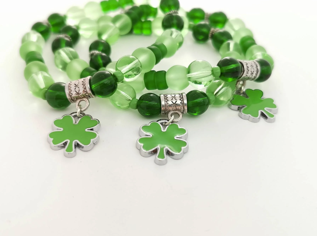 Lucky - Green Glass and Enamel Four Leaf Clover Charm Bracelet