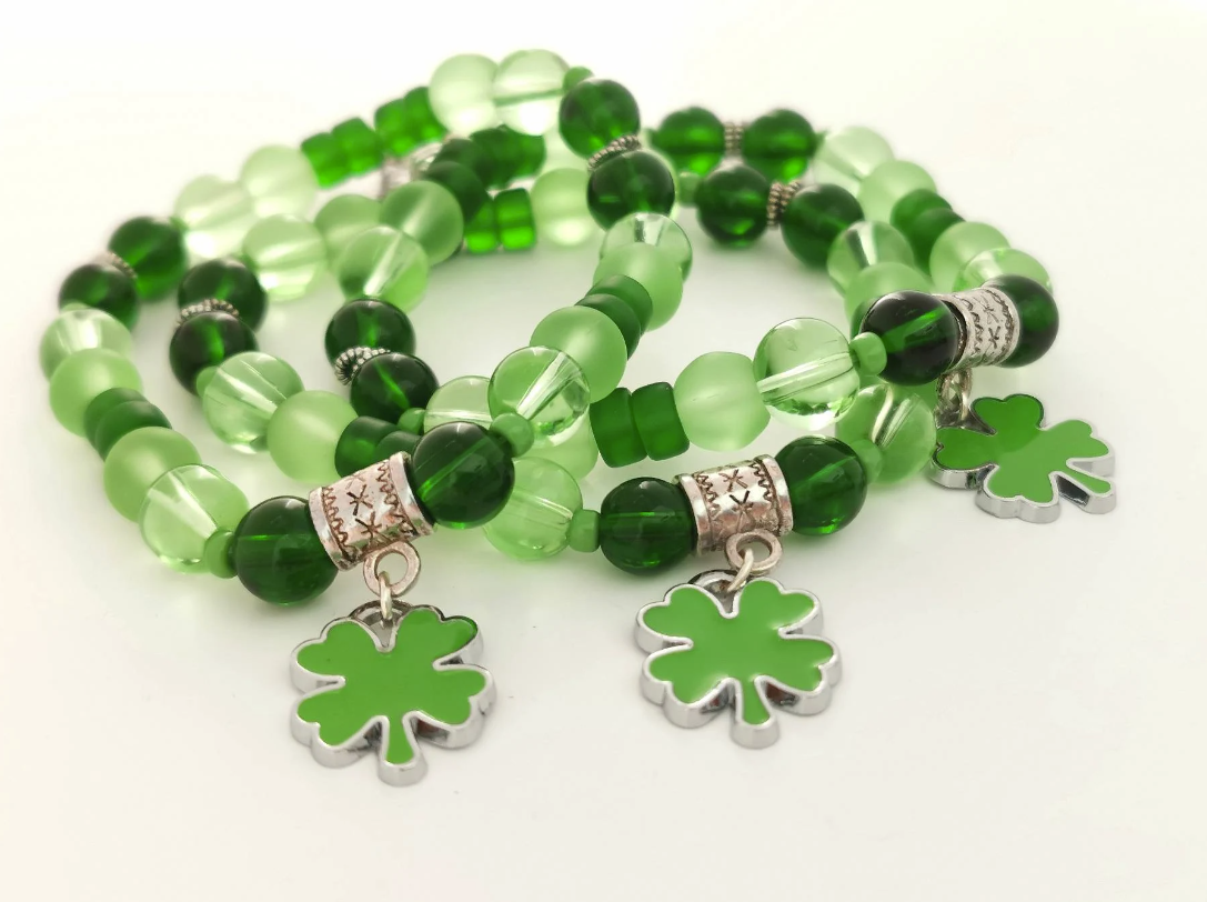 Lucky - Green Glass and Enamel Four Leaf Clover Charm Bracelet