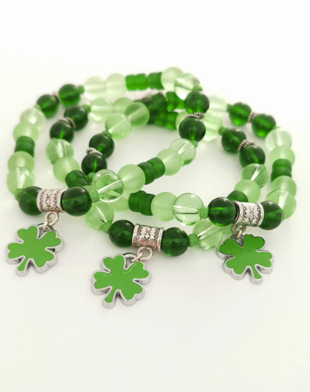 Lucky - Green Glass and Enamel Four Leaf Clover Charm Bracelet