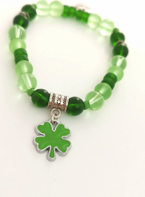 Lucky - Green Glass and Enamel Four Leaf Clover Charm Bracelet