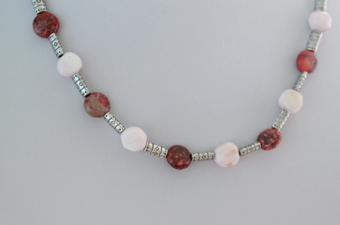Magenta Impression Jasper and Pink Opal Metal Tube Necklace