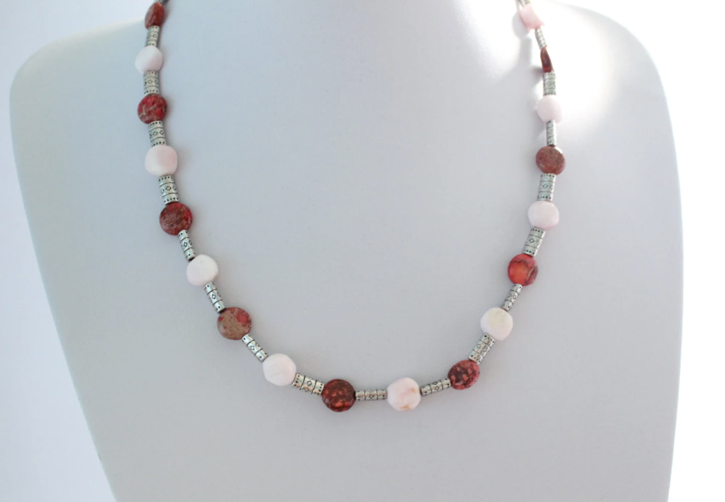 Magenta Impression Jasper and Pink Opal Metal Tube Necklace