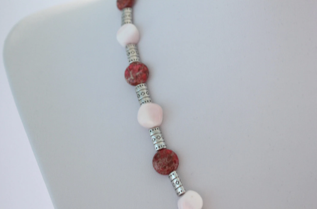 Magenta Impression Jasper and Pink Opal Metal Tube Necklace