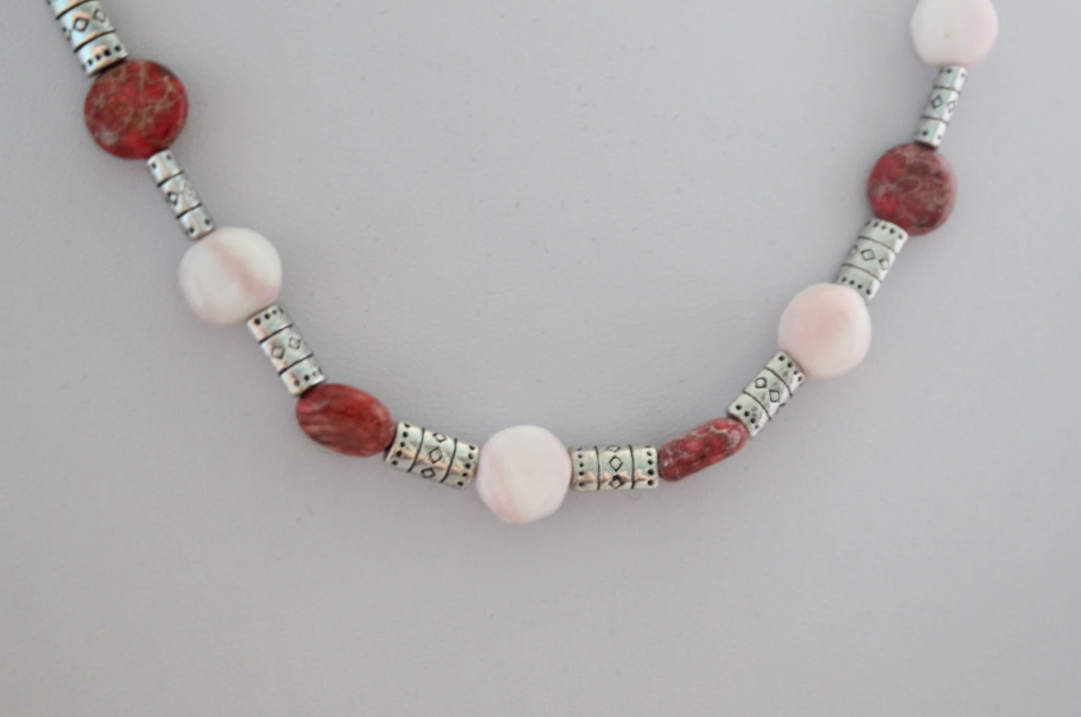 Magenta Impression Jasper and Pink Opal Metal Tube Necklace