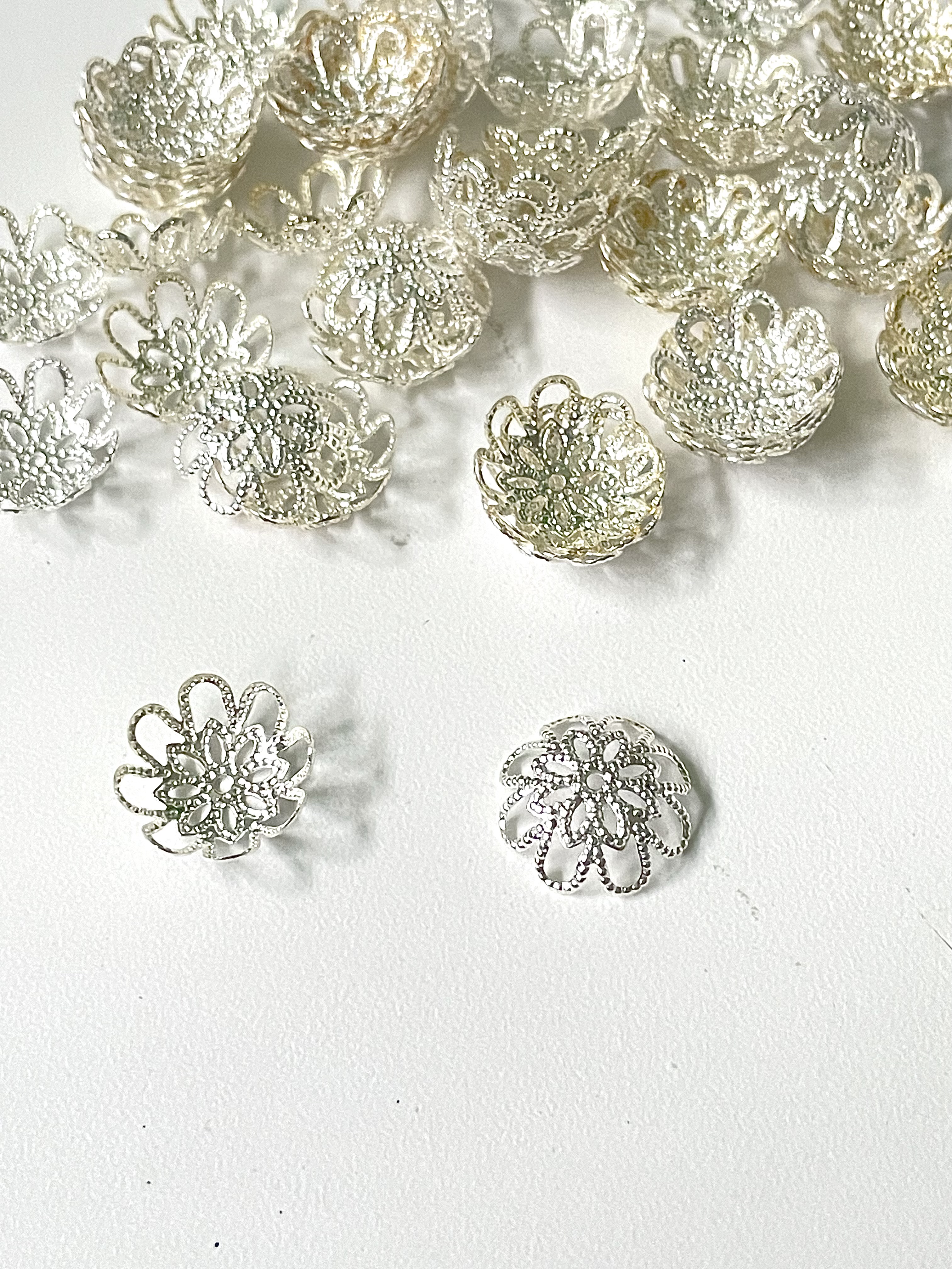 Warm Silver Filigree Cup Bead Caps