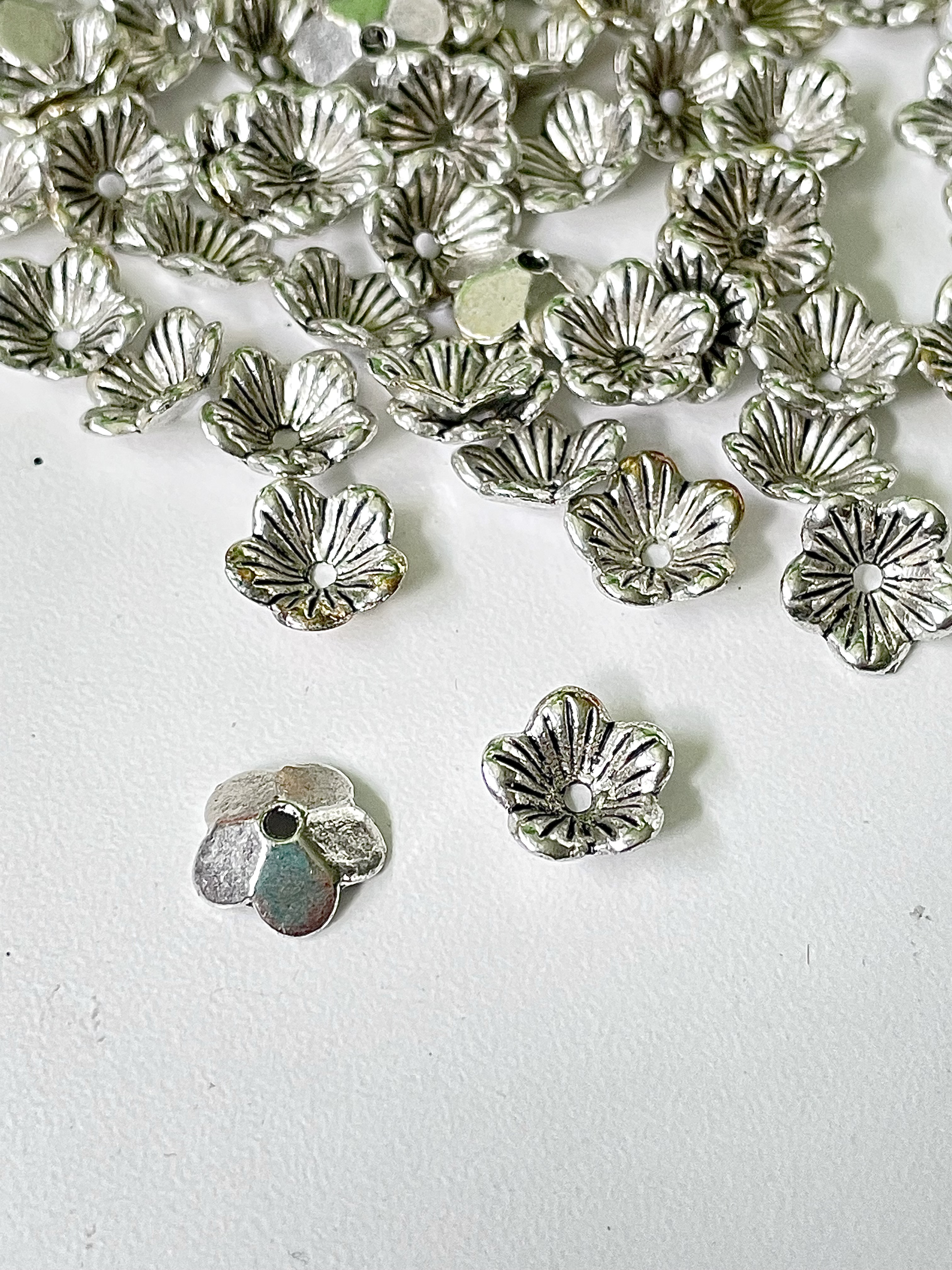 Floral Silver Cup Bead Caps