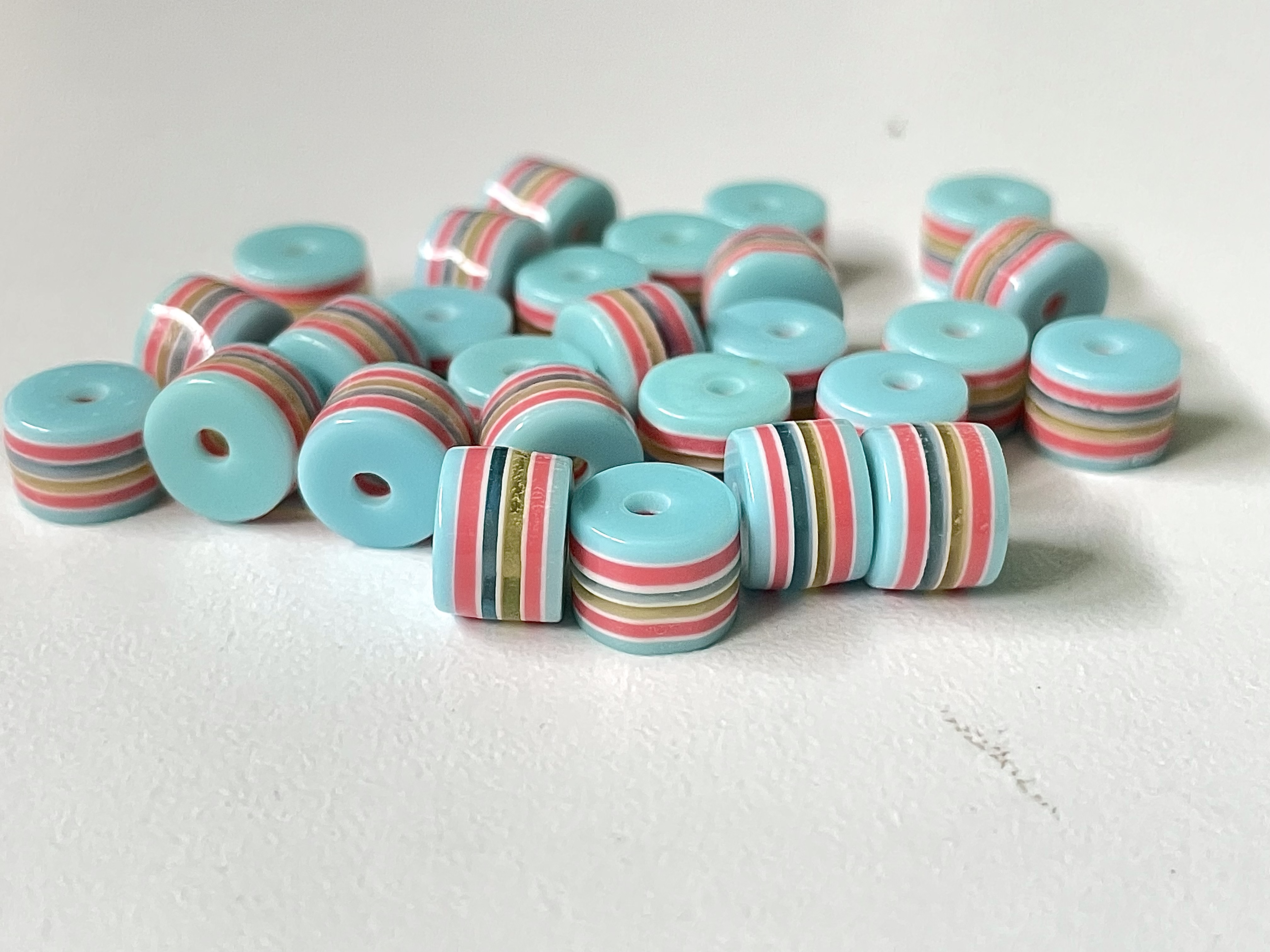 Pastel Blue and Colour Striped Candy Tube Beads