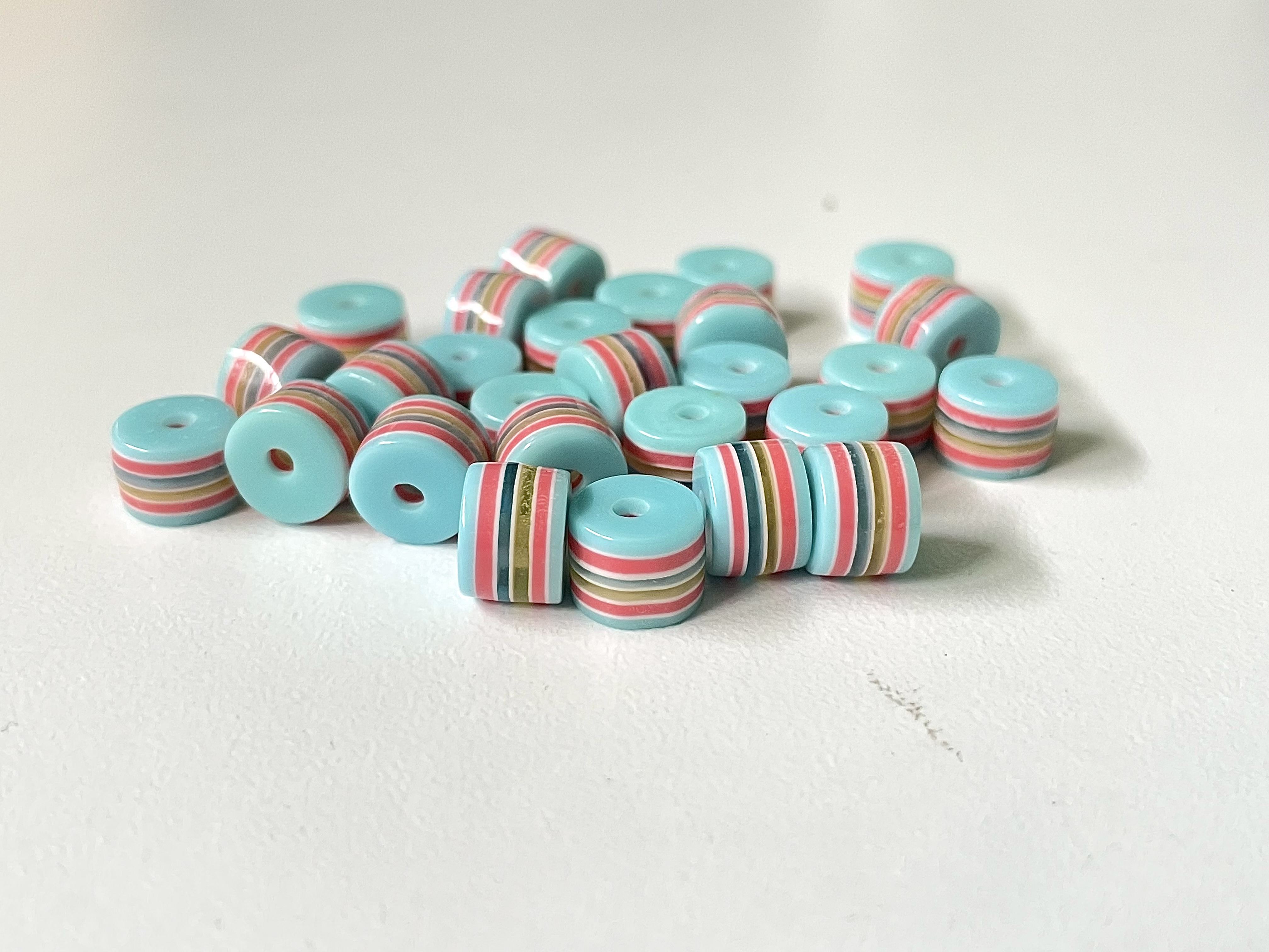 Pastel Blue and Colour Striped Candy Tube Beads