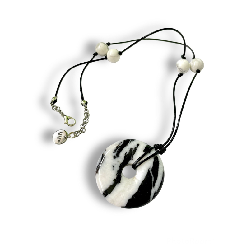 Monochrome Mexican Jasper Donut Pendant and Howlite Faux Leather Cord Necklace