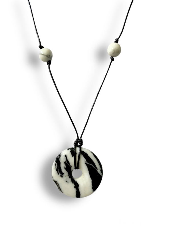 Monochrome Mexican Jasper Donut Pendant and Howlite Faux Leather Cord Necklace