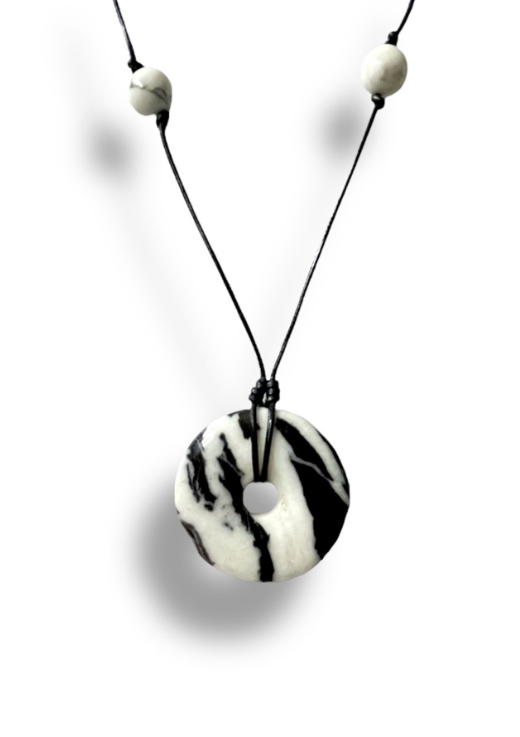 Monochrome Mexican Jasper Donut Pendant and Howlite Faux Leather Cord Necklace