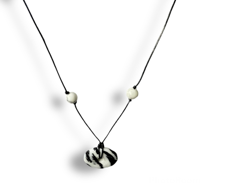 Monochrome Mexican Jasper Donut Pendant and Howlite Faux Leather Cord Necklace