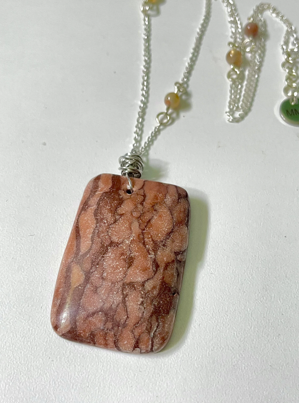 Natural Rectangle Brown Zebra Jasper Pendant and Madagascar Agate Sterling Silver Necklace