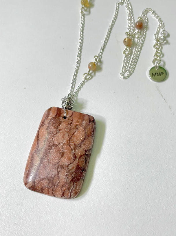 Natural Rectangle Brown Zebra Jasper Pendant and Madagascar Agate Sterling Silver Necklace