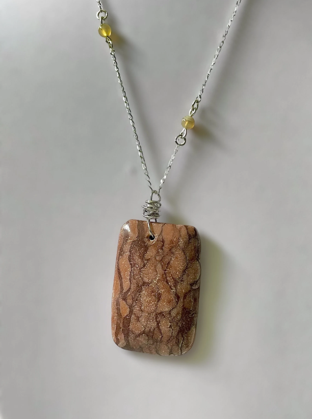 Natural Rectangle Brown Zebra Jasper Pendant and Madagascar Agate Sterling Silver Necklace