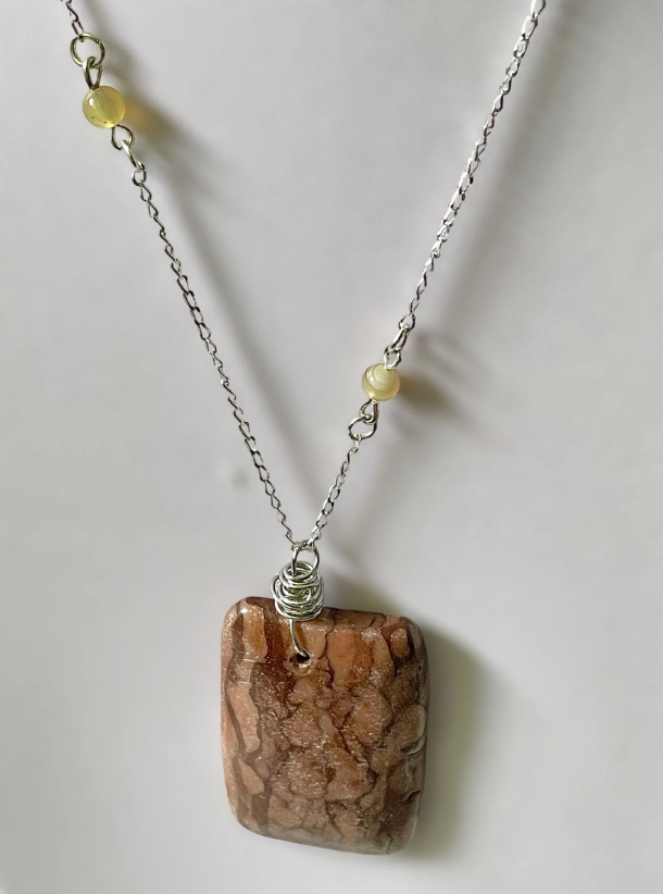 Natural Rectangle Brown Zebra Jasper Pendant and Madagascar Agate Sterling Silver Necklace