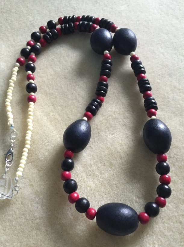 Natural, Black, Navy and Red Wooden and Coconut Necklace
