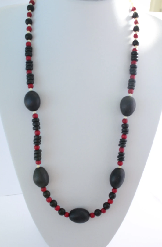 Natural, Black, Navy and Red Wooden and Coconut Necklace