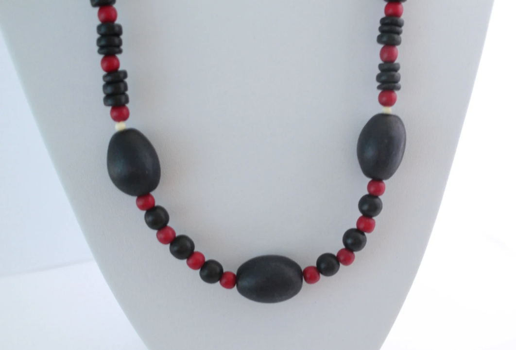 Natural, Black, Navy and Red Wooden and Coconut Necklace