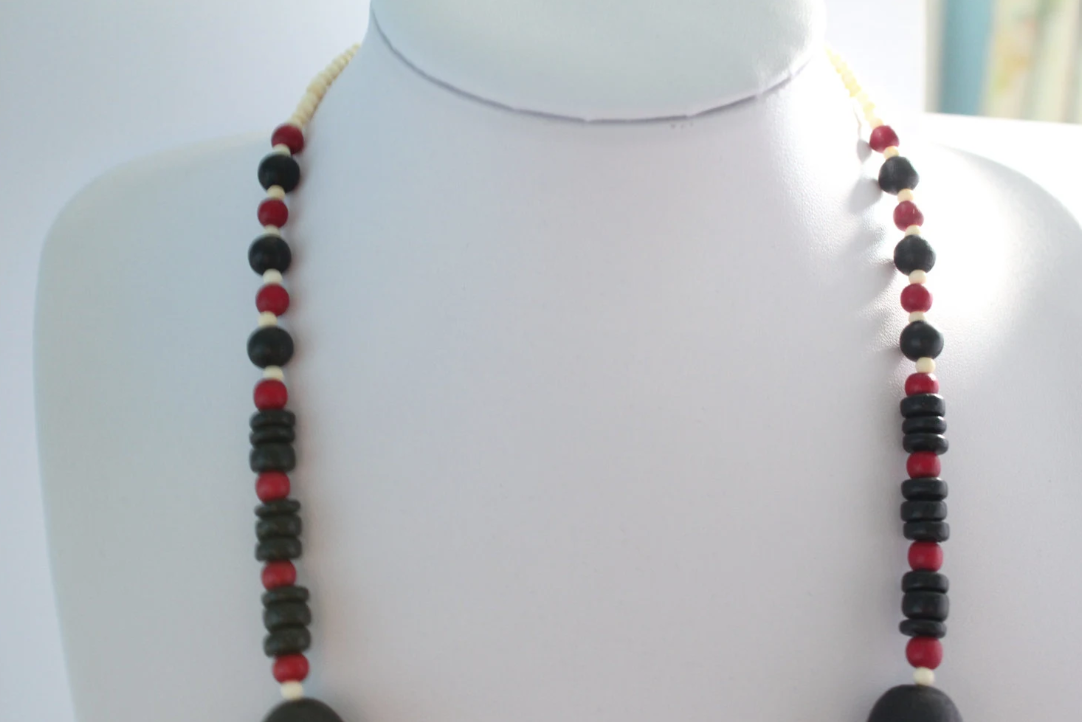 Natural, Black, Navy and Red Wooden and Coconut Necklace