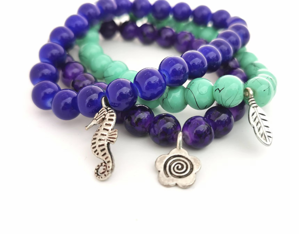 Nature Trio - Glass Beads Flower, Seahorse and Feather Charms Bracelets Pack