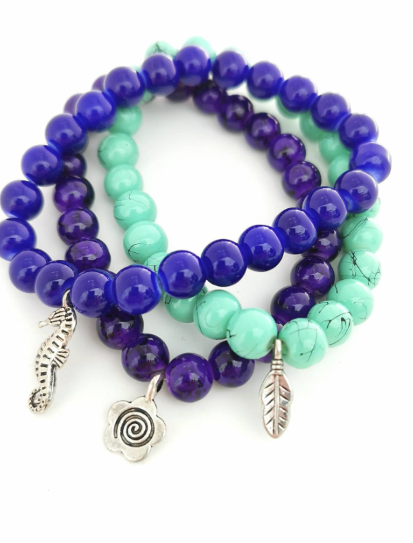 Nature Trio - Glass Beads Flower, Seahorse and Feather Charms Bracelets Pack