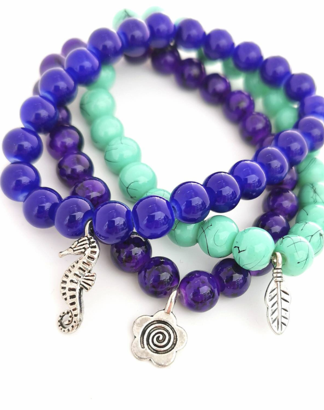 Nature Trio - Glass Beads Flower, Seahorse and Feather Charms Bracelets Pack