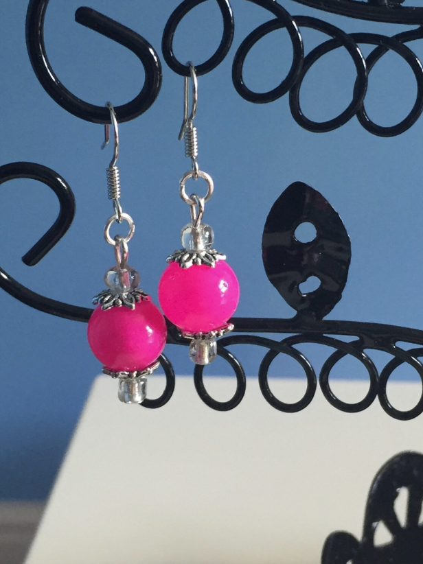 Neon Pink Glass and Flower Dangle Earrings