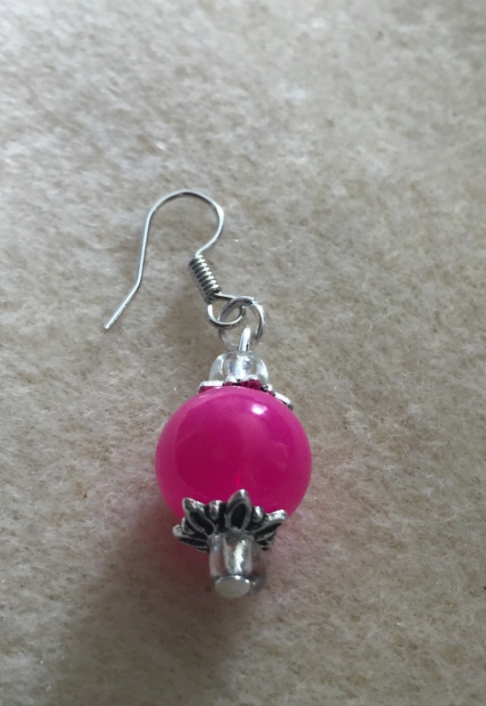 Neon Pink Glass and Flower Dangle Earrings