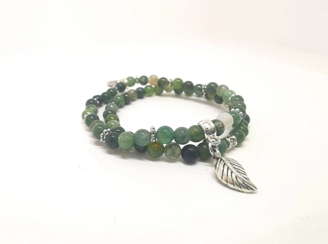Green Moss Agate Leaf Charm Leaf Bracelets - Pack of 2