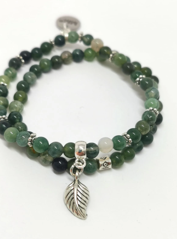 Green Moss Agate Leaf Charm Leaf Bracelets - Pack of 2
