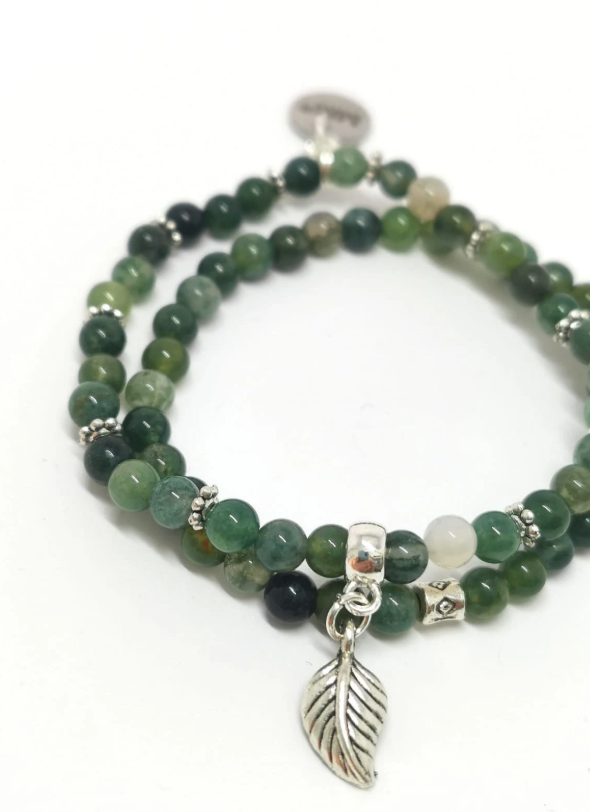 Green Moss Agate Leaf Charm Leaf Bracelets - Pack of 2