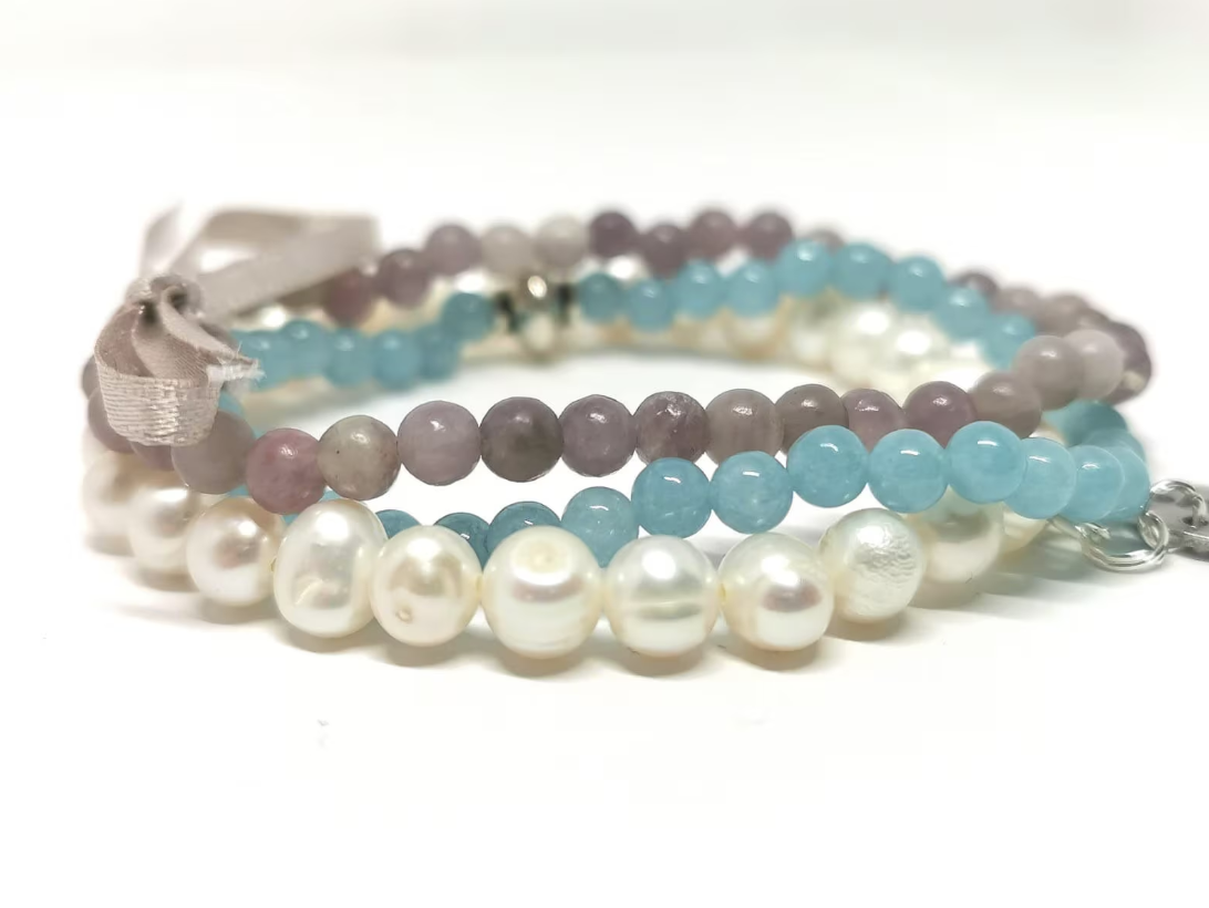 Freshwater Potato Pearl, Blue Sponge Quartz and Lilac Quartz Bracelets - Pack of 3