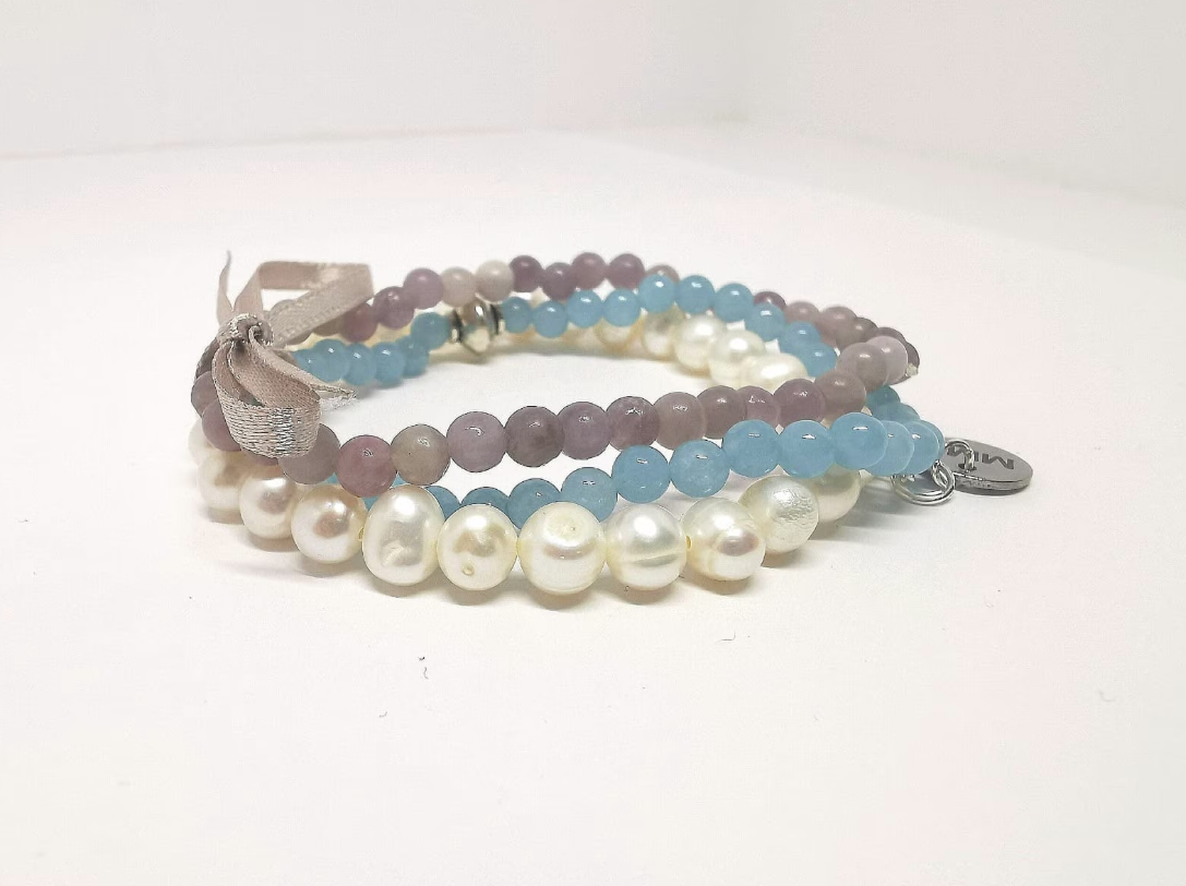 Freshwater Potato Pearl, Blue Sponge Quartz and Lilac Quartz Bracelets - Pack of 3