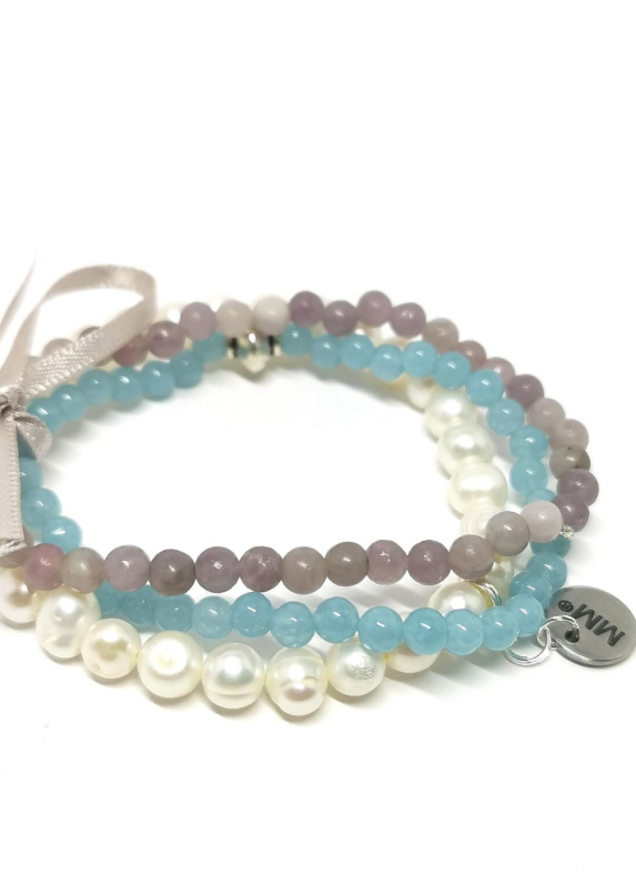 Freshwater Potato Pearl, Blue Sponge Quartz and Lilac Quartz Bracelets - Pack of 3