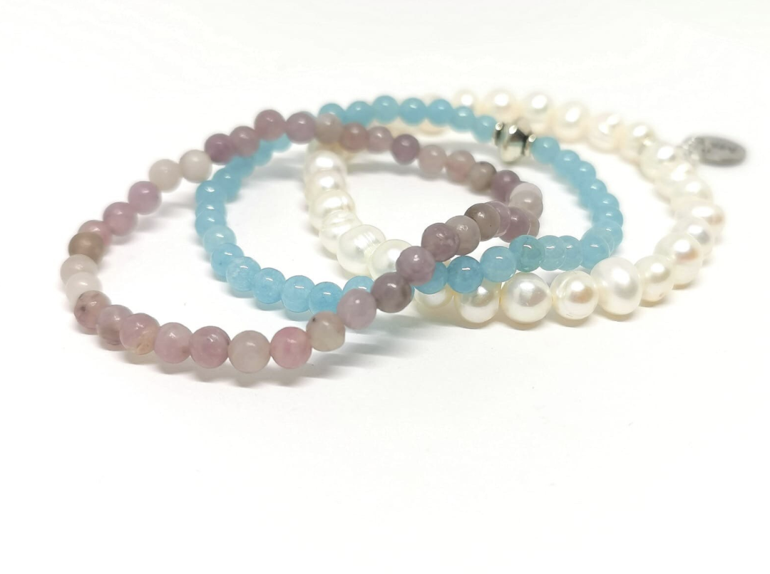 Freshwater Potato Pearl, Blue Sponge Quartz and Lilac Quartz Bracelets - Pack of 3