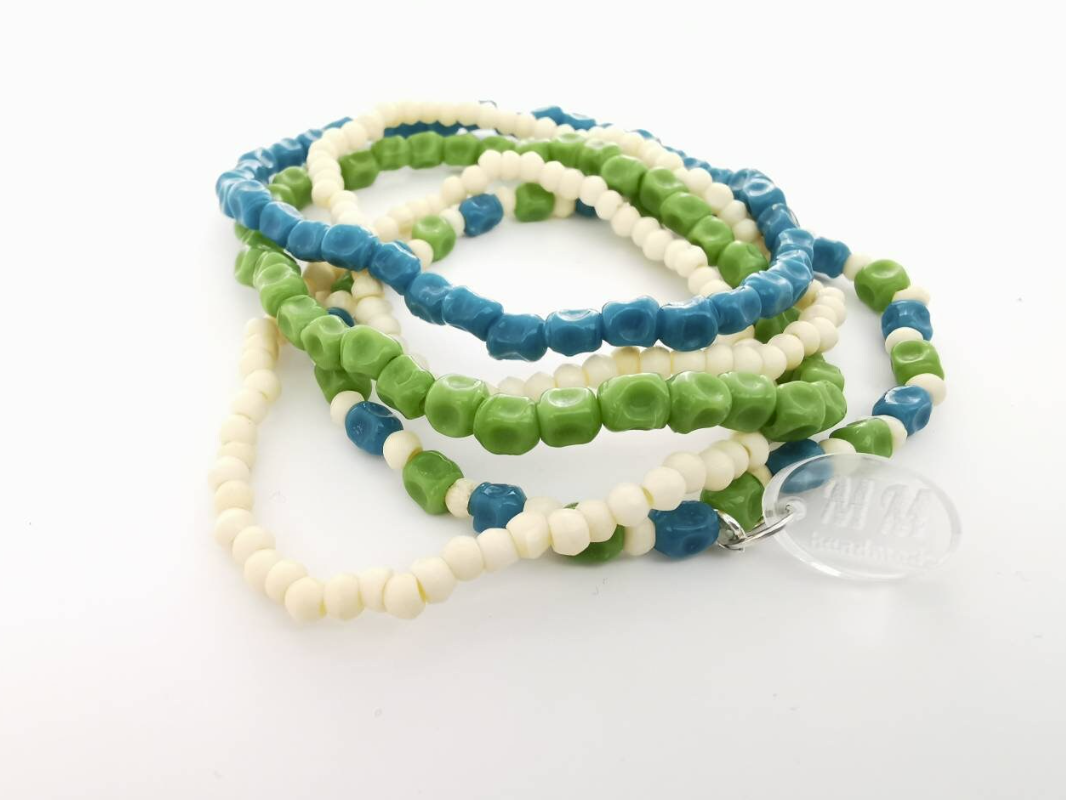 Unusual Green, Blue and Ceramic Stone and Coconut Elastic Bracelets - Pack of 5