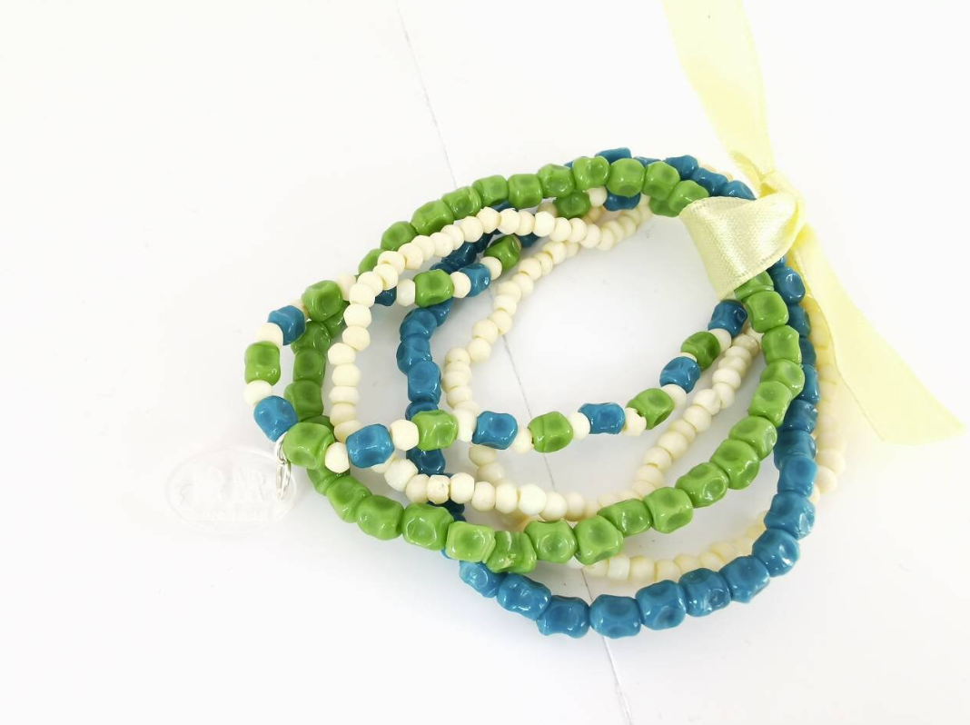 Unusual  Green, Blue and Ceramic Stone and Coconut Elastic Bracelets - Pack of 5